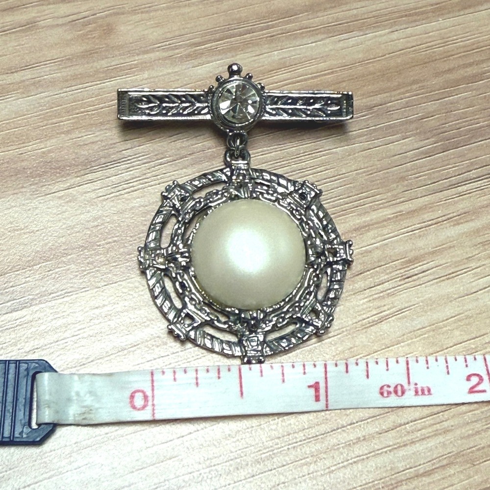 Vintage Silver Tone Faux Pearl Medallion Bar Brooch Rhinestone Ornate Drop Pin